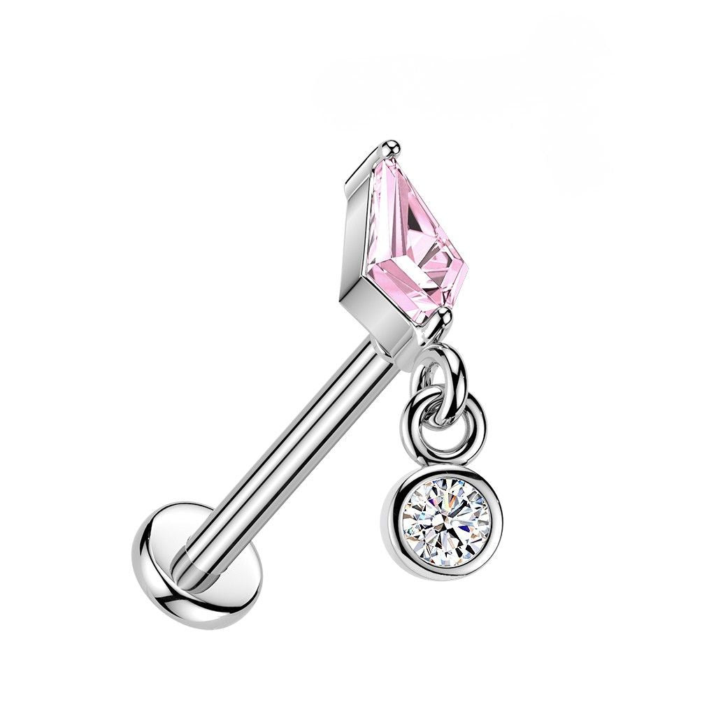 Threadless Push In Kite Shaped CZ Crystal with Dangling Gem Flat Back Stud - 316L Stainless Steel