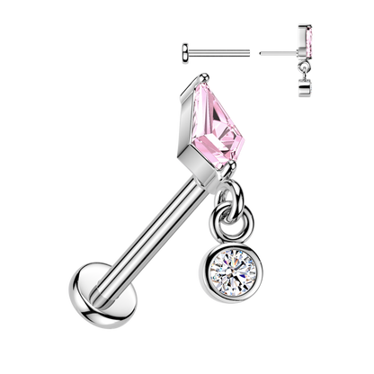 Threadless Push In Kite Shaped CZ Crystal with Dangling Gem Flat Back Stud - 316L Stainless Steel