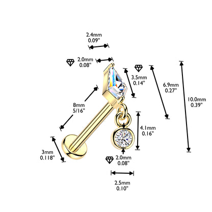 Threadless Push In Kite Shaped CZ Crystal with Dangling Gem Flat Back Stud - 316L Stainless Steel