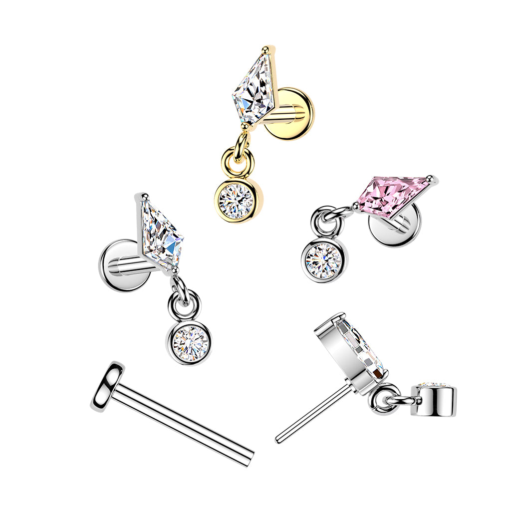 Threadless Push In Kite Shaped CZ Crystal with Dangling Gem Flat Back Stud - 316L Stainless Steel
