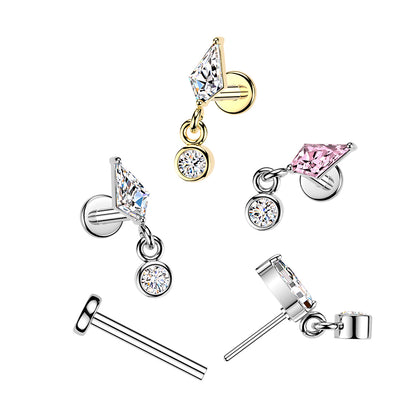Threadless Push In Kite Shaped CZ Crystal with Dangling Gem Flat Back Stud - 316L Stainless Steel