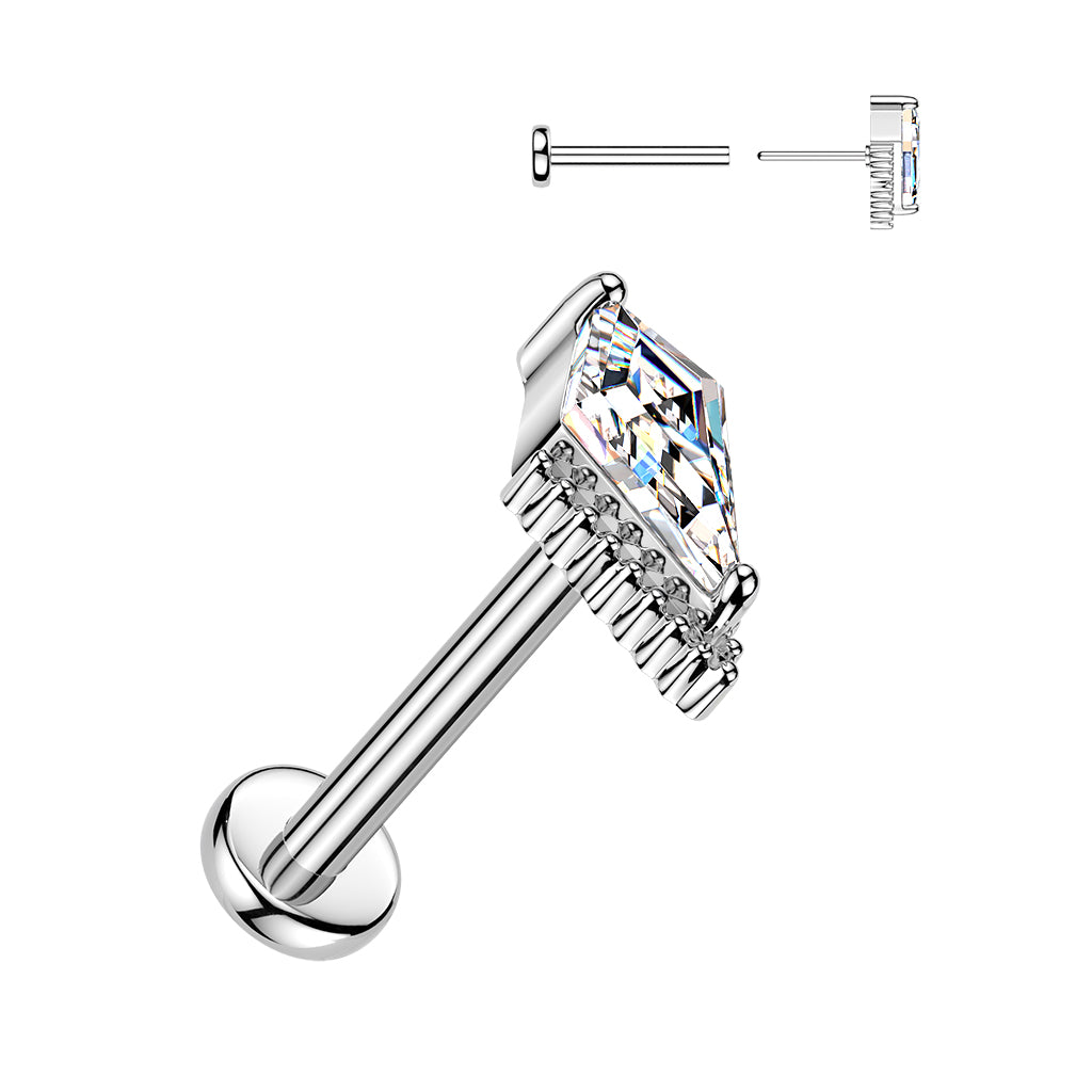 Threadless Push In Kite Shaped CZ Crystal Flat Back Stud - 316L Stainless Steel