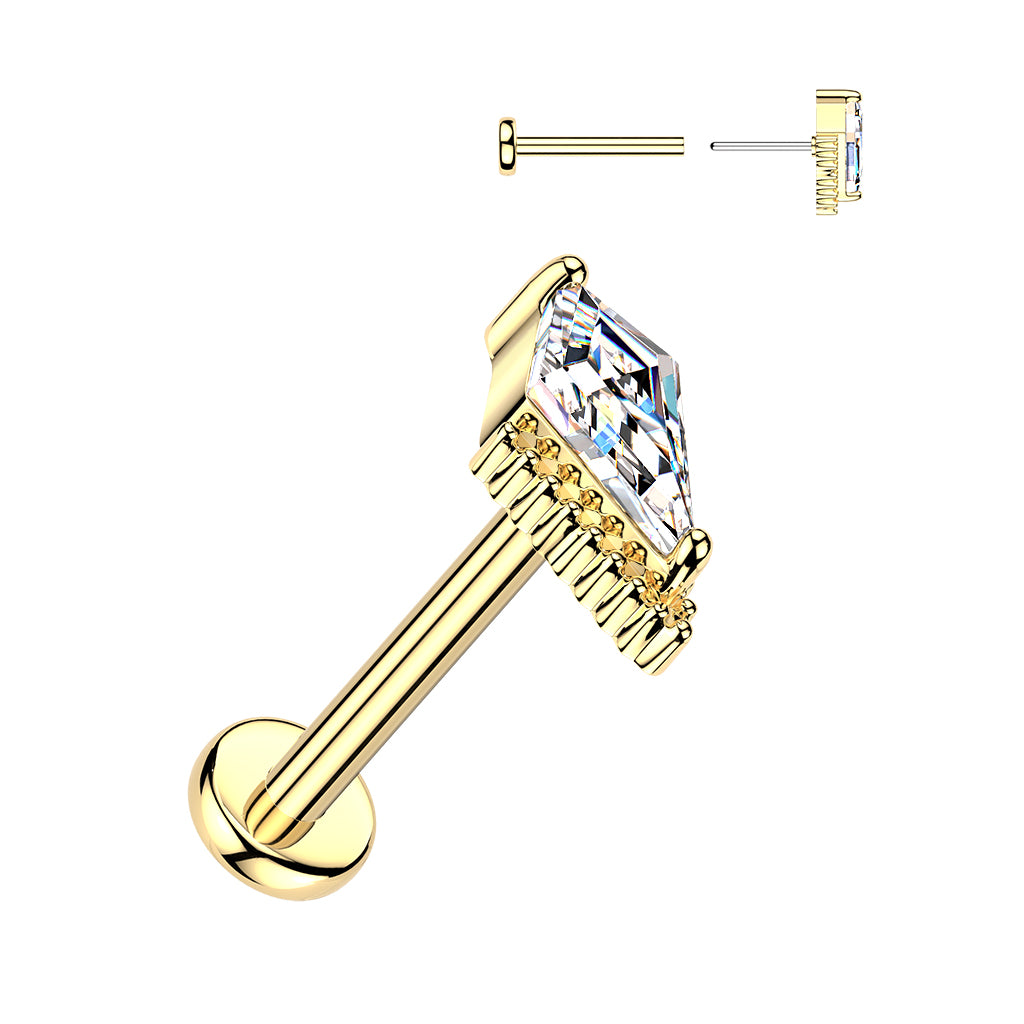 Threadless Push In Kite Shaped CZ Crystal Flat Back Stud - 316L Stainless Steel