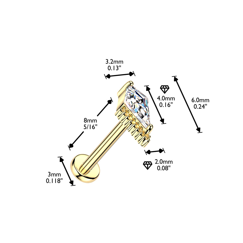 Threadless Push In Kite Shaped CZ Crystal Flat Back Stud - 316L Stainless Steel