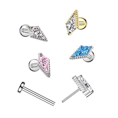 Threadless Push In Kite Shaped CZ Crystal Flat Back Stud - 316L Stainless Steel