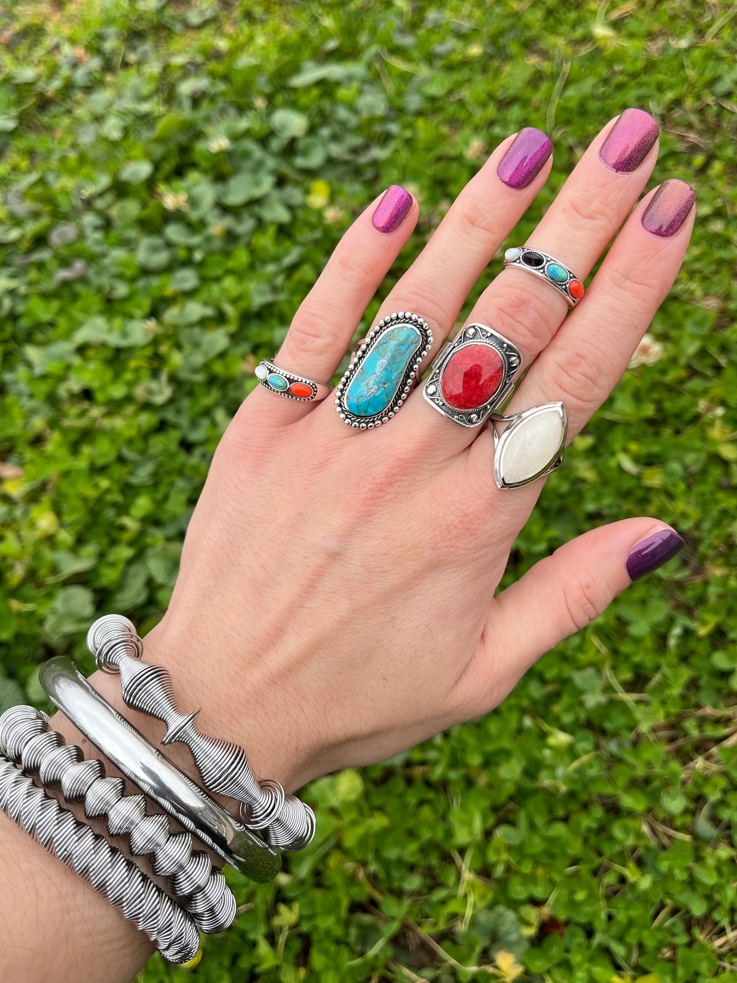 Multicolor Triple Oval Shaped Stone Ring - Oxidized 925 Sterling Silver