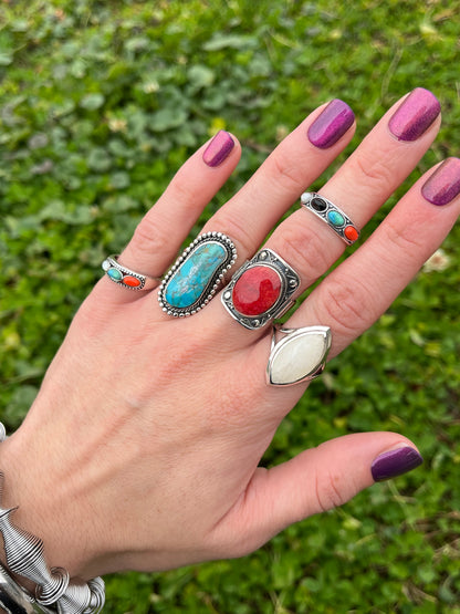Multicolor Triple Oval Shaped Stone Ring - Oxidized 925 Sterling Silver