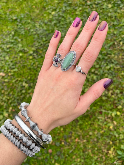 Oval Green Jade Statement Ring - Oxidized 925 Sterling Silver