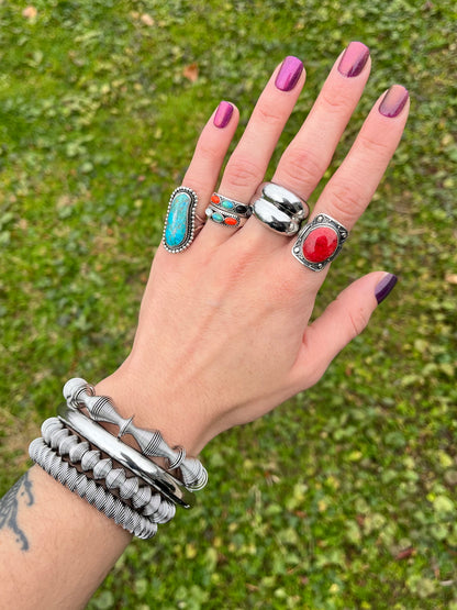 Multicolor Oval Shaped Stone Lined Ring - Oxidized 925 Sterling Silver