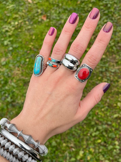 Multicolor Oval Shaped Stone Lined Ring - Oxidized 925 Sterling Silver