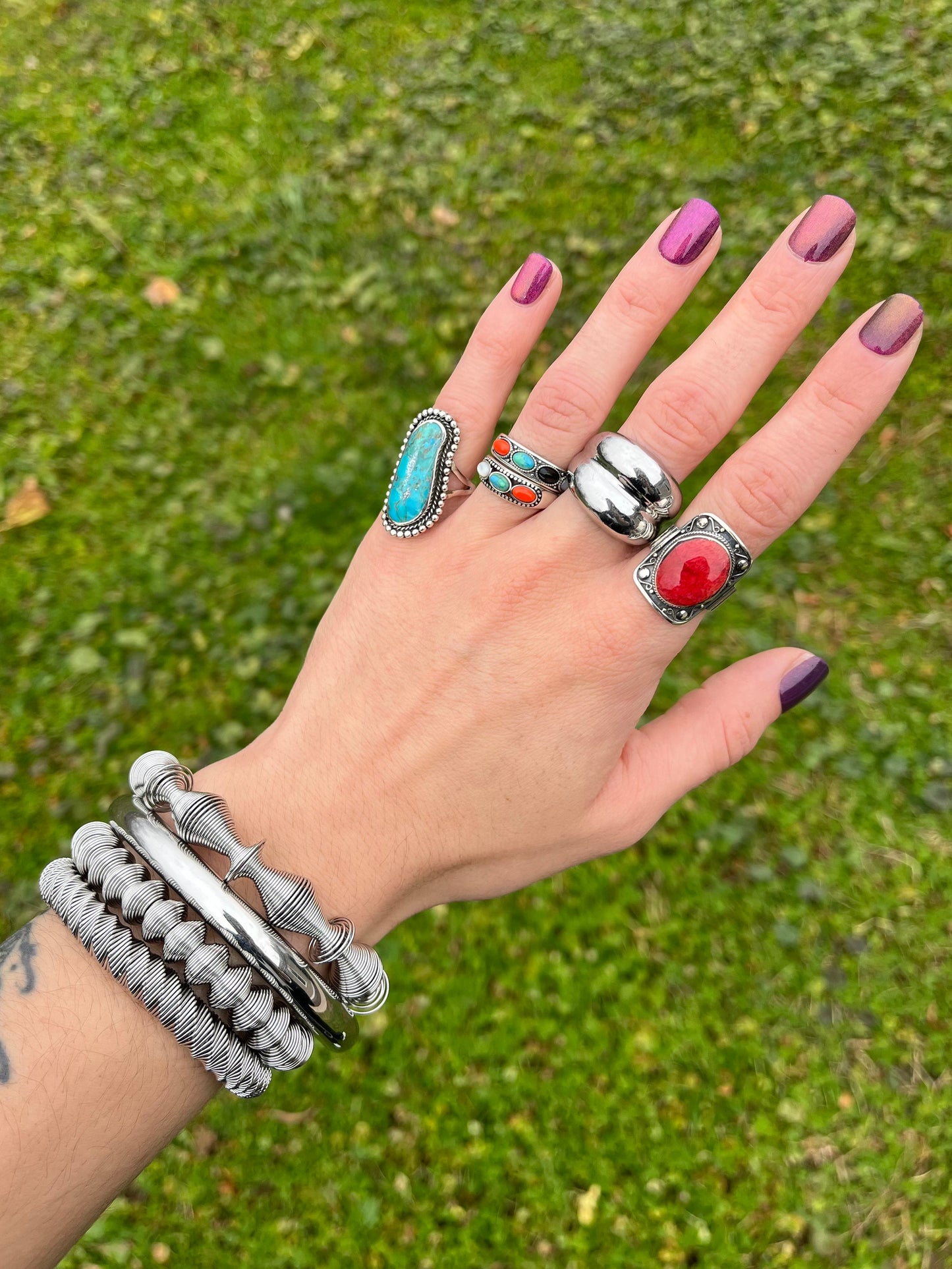 Multicolor Triple Oval Shaped Stone Ring - Oxidized 925 Sterling Silver