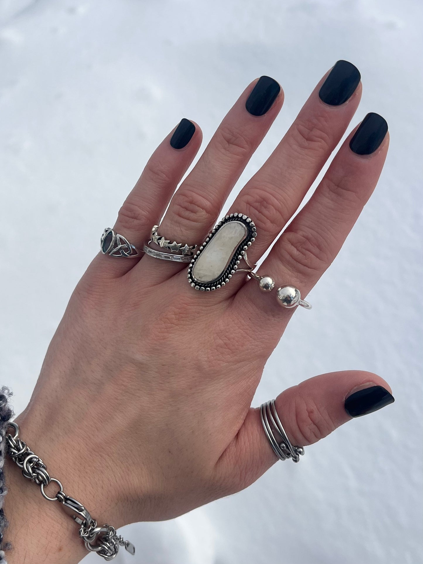 Asymmetrical Oval Moonstone Statement Ring - Oxidized 925 Sterling Silver