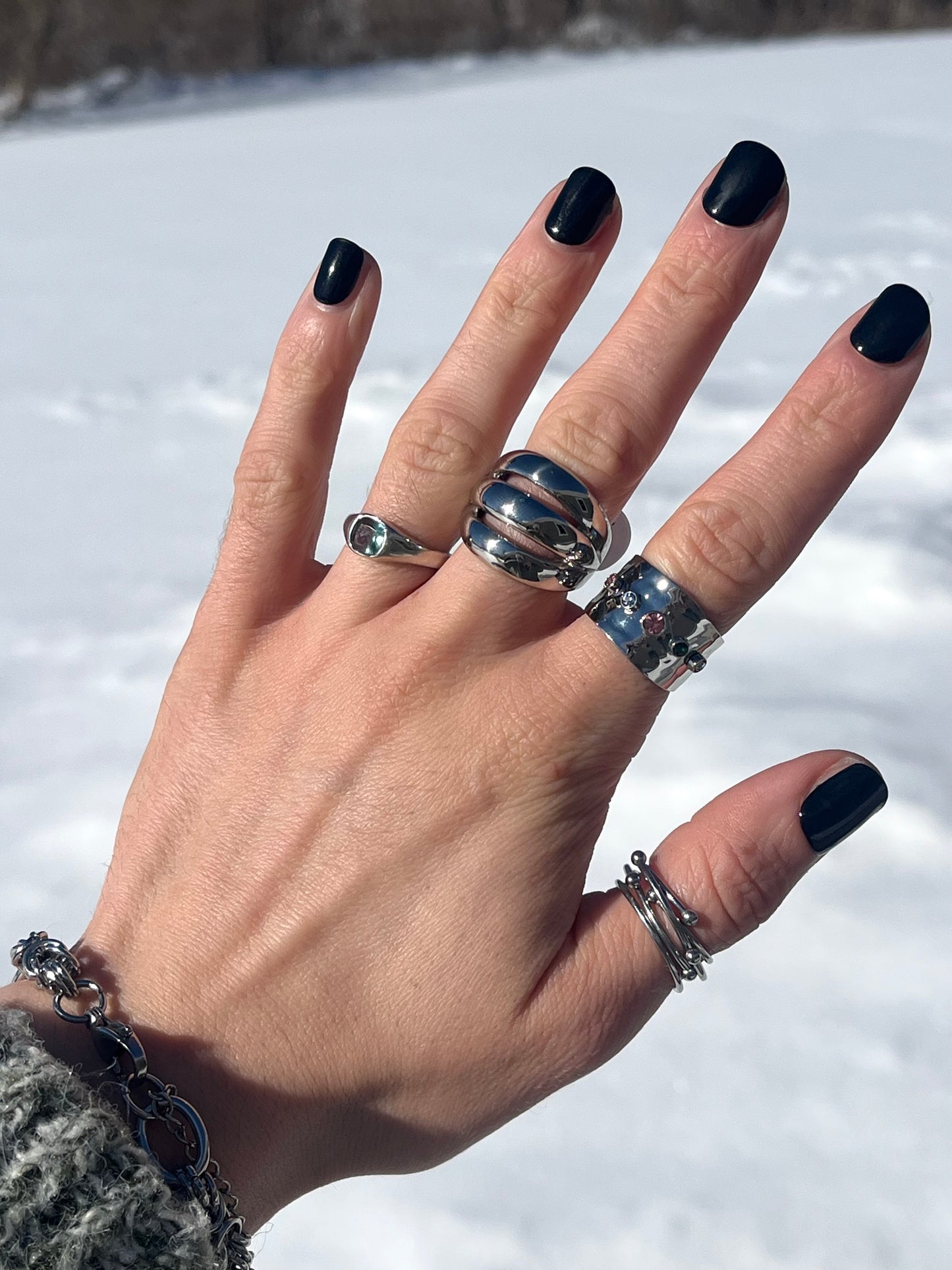 Multicolor CZ Crystal Wide Band Adjustable Ring - Stainless Steel