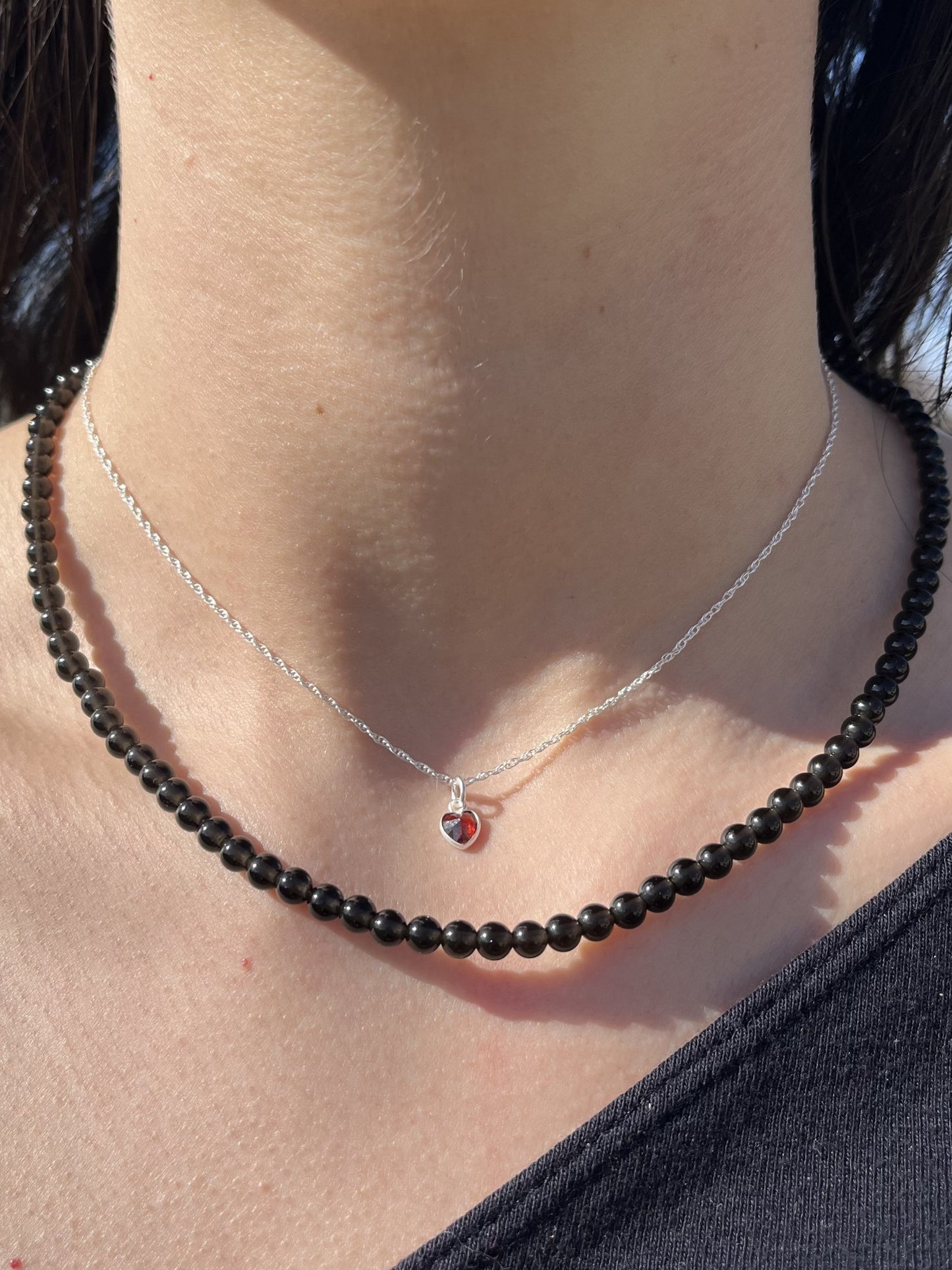 Red CZ Crystal Heart Choker Necklace - 925 Sterling Silver