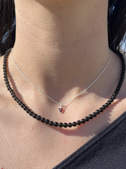Red CZ Crystal Heart Choker Necklace - 925 Sterling Silver
