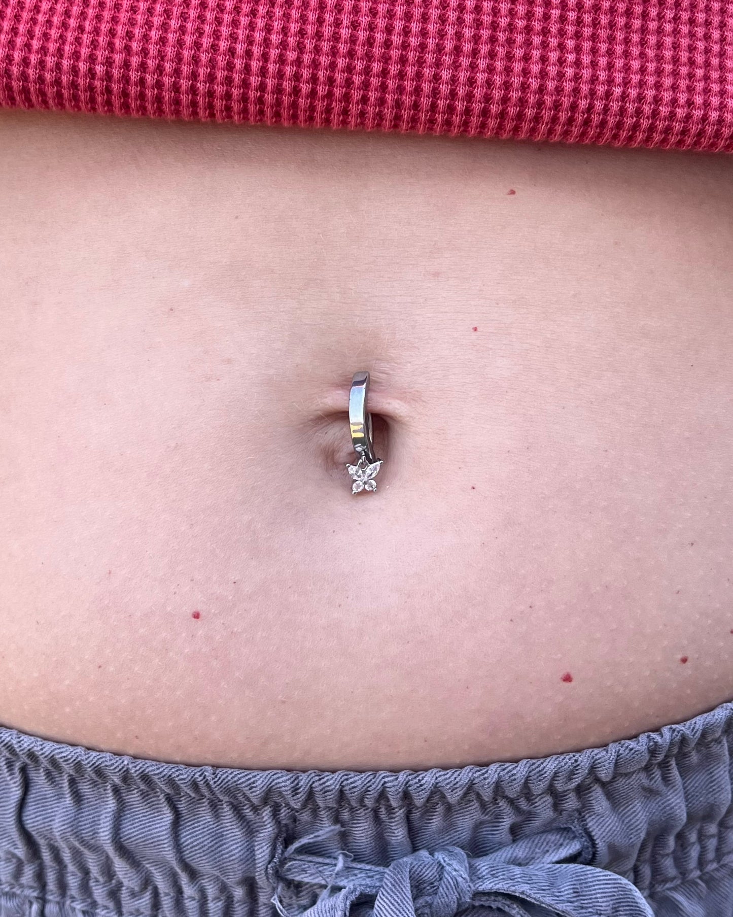 Dangling CZ Crystal Butterfly Hinged Curved Bar Clicker Belly Button Ring - 316L Stainless Steel