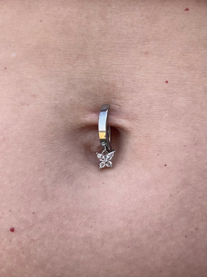 Dangling CZ Crystal Butterfly Hinged Curved Bar Clicker Belly Button Ring - 316L Stainless Steel