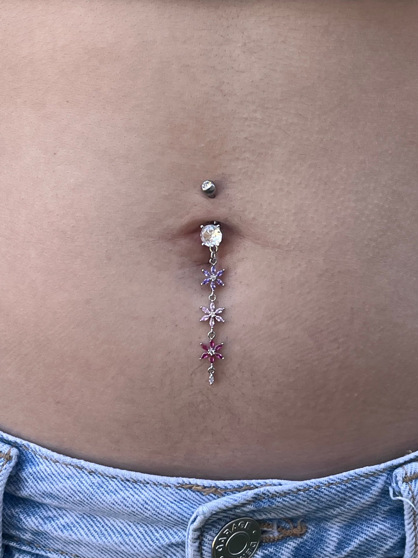 Triple Pink and Purple Flowers Dangling Belly Button Ring - 316L Stainless Steel