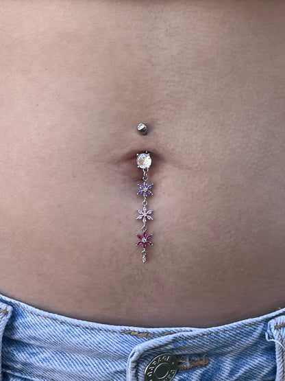 Triple Pink and Purple Flowers Dangling Belly Button Ring - 316L Stainless Steel