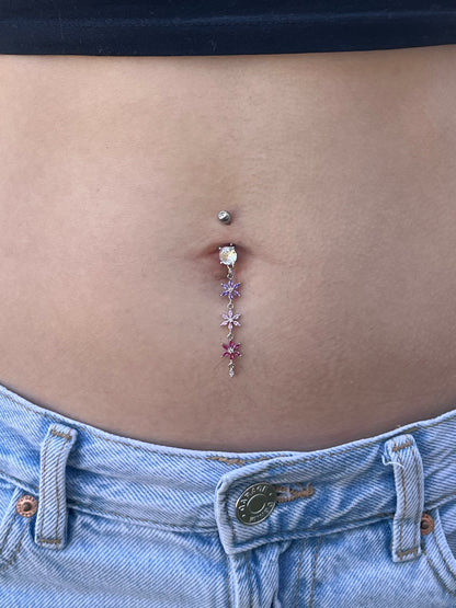 Triple Pink and Purple Flowers Dangling Belly Button Ring - 316L Stainless Steel