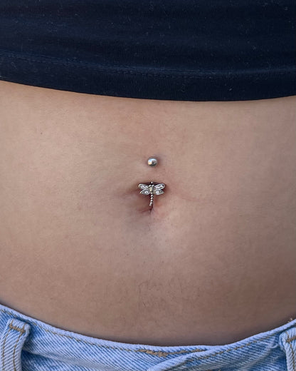 CZ Crystal Dragonfly Belly Button Ring - 316L Stainless Steel