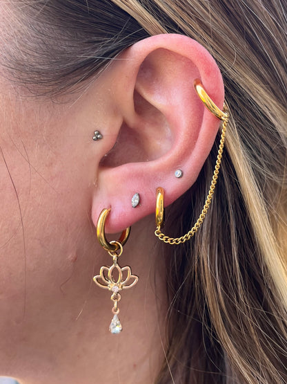 CZ Crystal Lotus Flower Dangling Huggie Hoop Earrings - Pair - 316L Stainless Steel