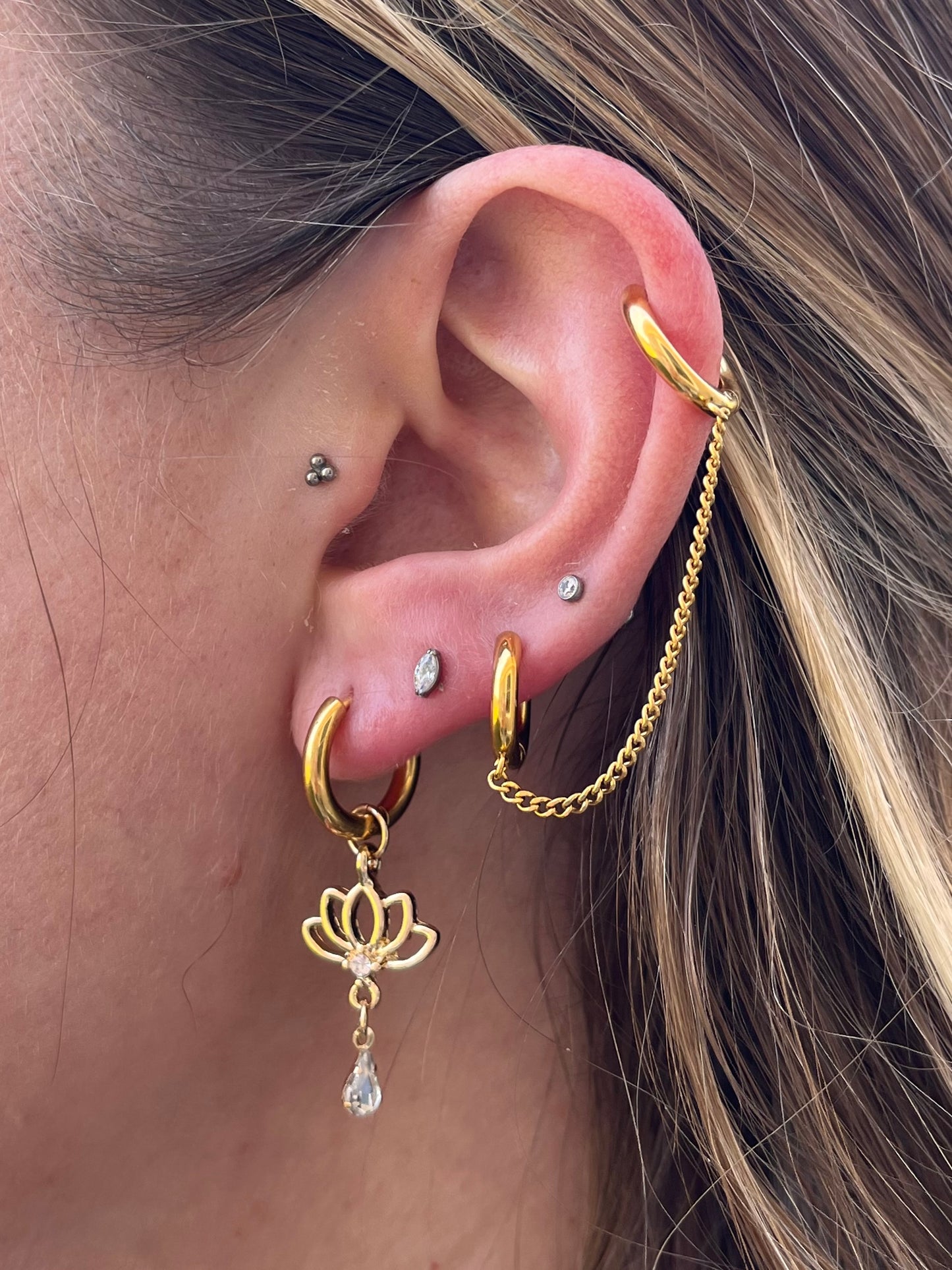 CZ Crystal Lotus Flower Dangling Huggie Hoop Earrings - Pair - 316L Stainless Steel