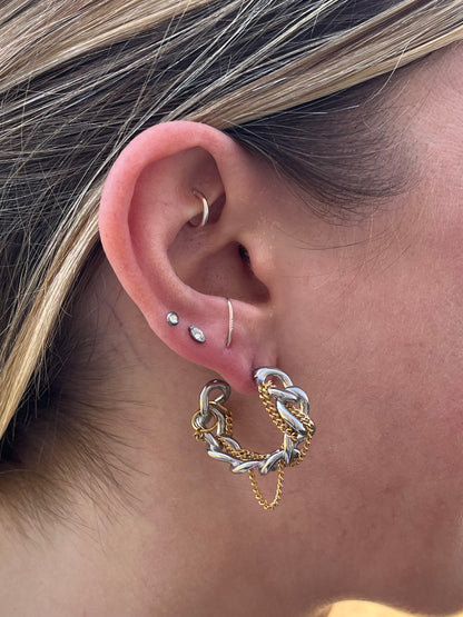 Two Tone Chain Hoop Earrings - Pair - Stainless Steel