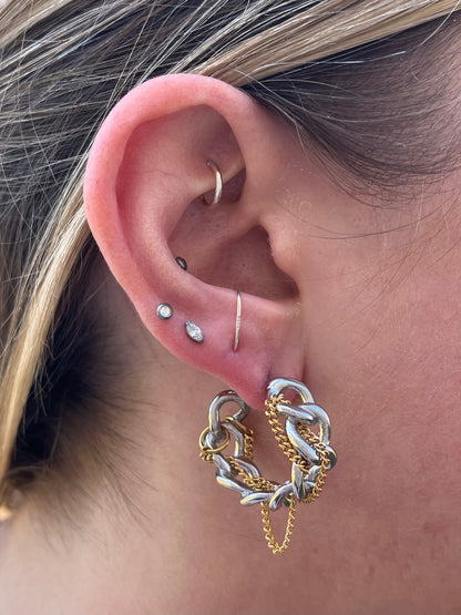 Two Tone Chain Hoop Earrings - Pair - Stainless Steel
