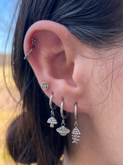 Crystal Fishbone Dangling Huggie Hoop Earrings - Pair - 304 Stainless Steel