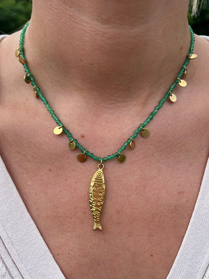 Green Beaded Fish Charm Necklace