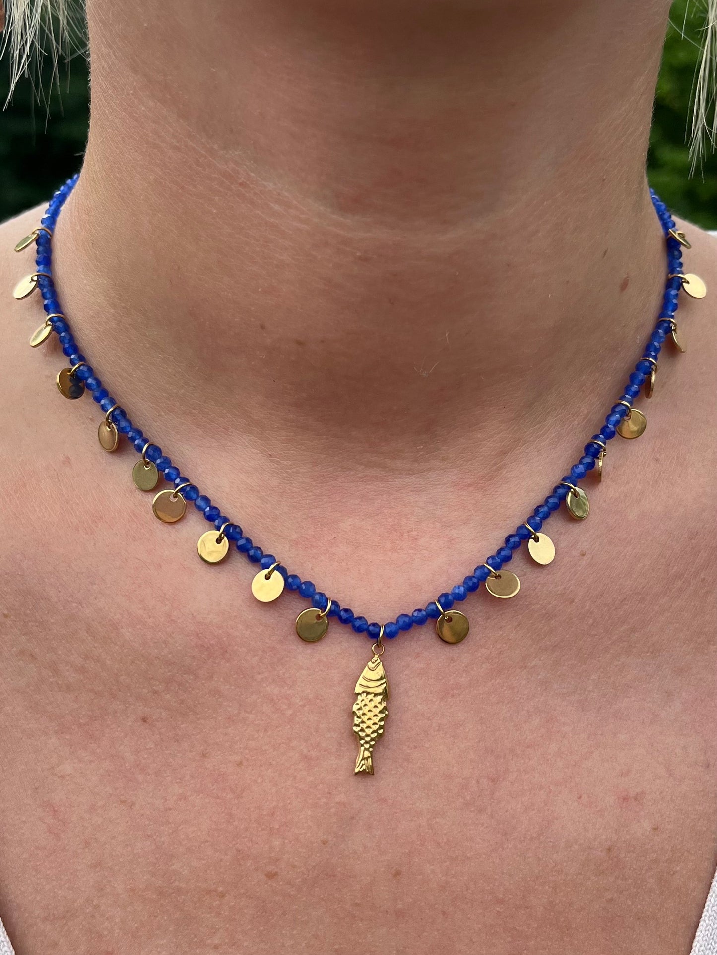 Blue Beaded Fish Charm Necklace