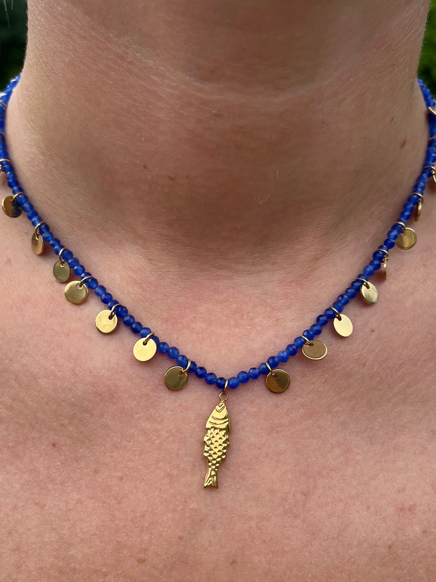 Blue Beaded Fish Charm Necklace