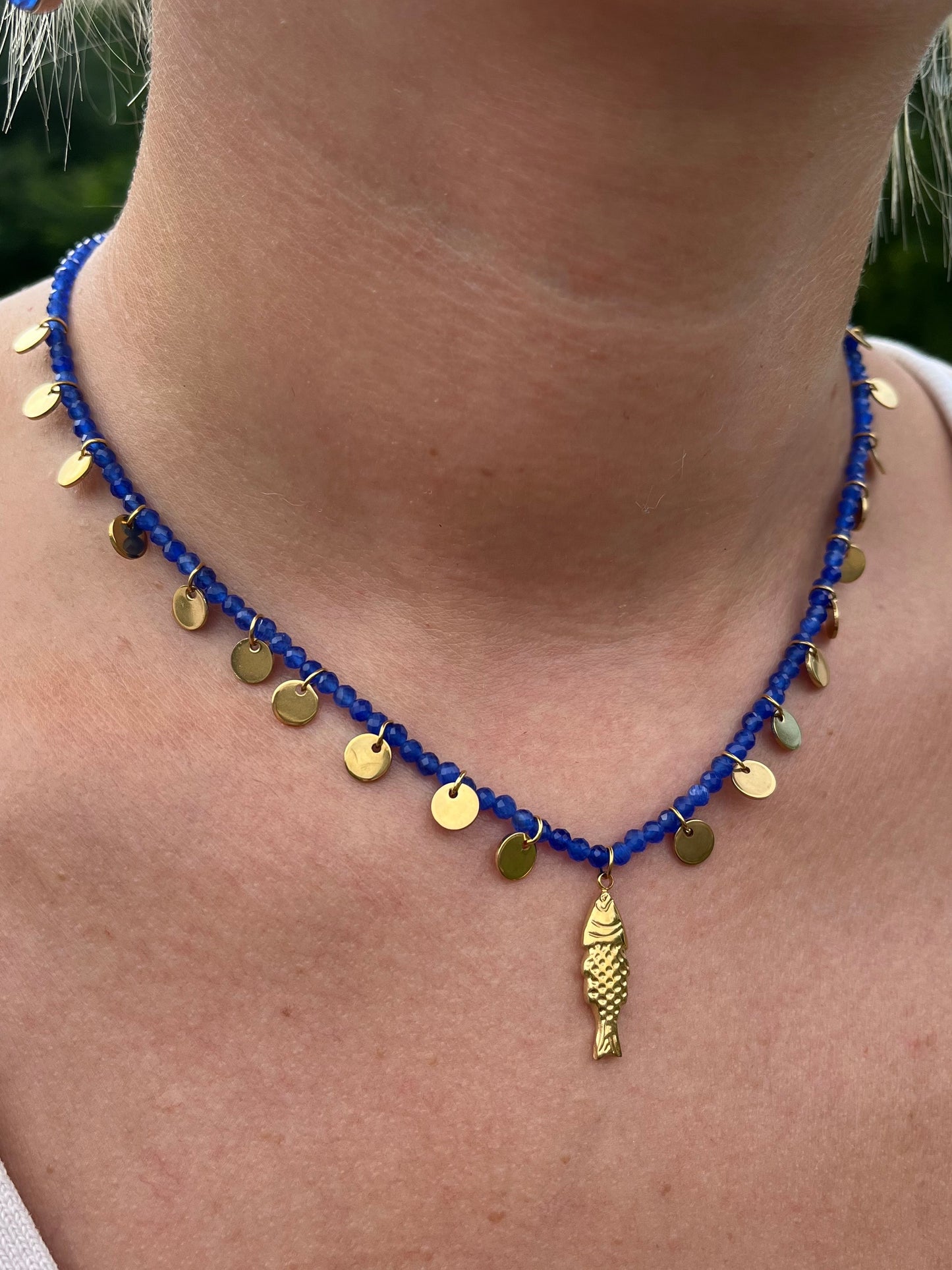 Blue Beaded Fish Charm Necklace