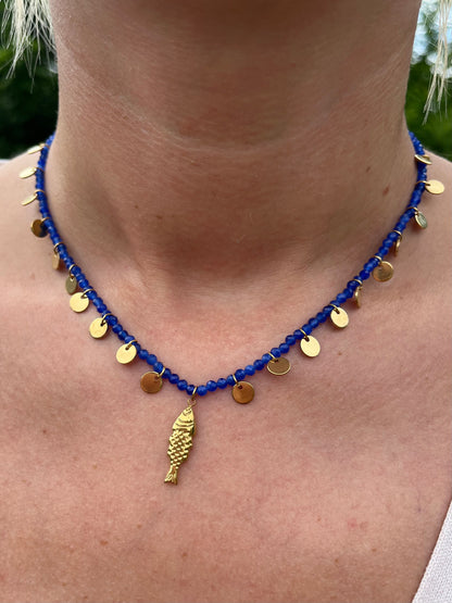 Blue Beaded Fish Charm Necklace