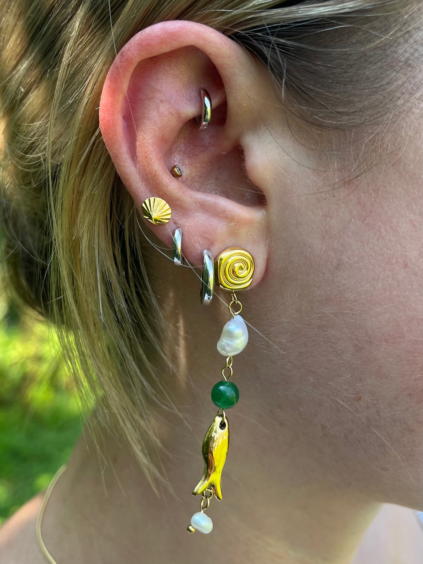 Synthetic Pearl, Green Bead, and Fish Charm Drop Earrings - Pair - Gold Plated Stainless Steel