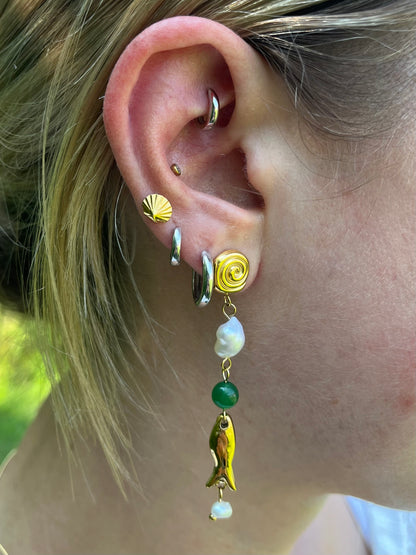 Synthetic Pearl, Green Bead, and Fish Charm Drop Earrings - Pair - Gold Plated Stainless Steel