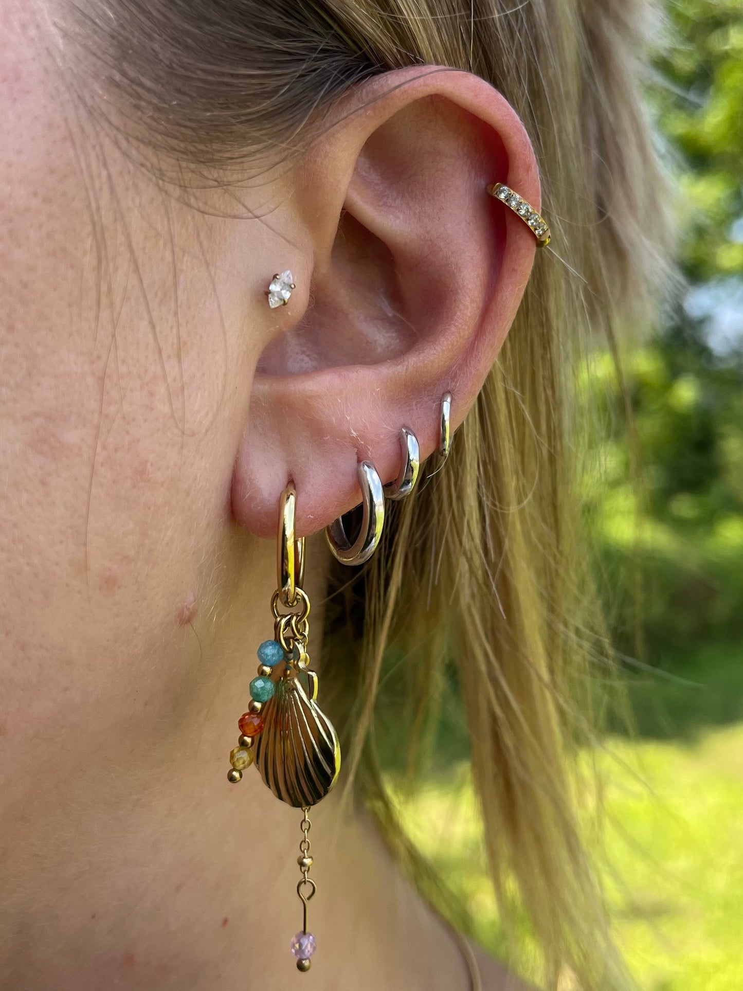 Shell and Beaded Charms Dangling Huggie Hoop Earrings - Pair - Gold Plated Stainless Steel
