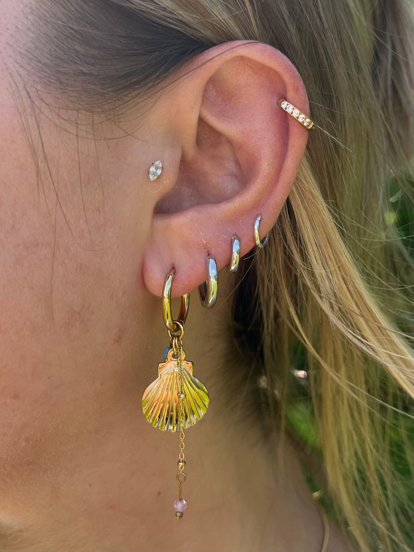 Shell and Beaded Charms Dangling Huggie Hoop Earrings - Pair - Gold Plated Stainless Steel