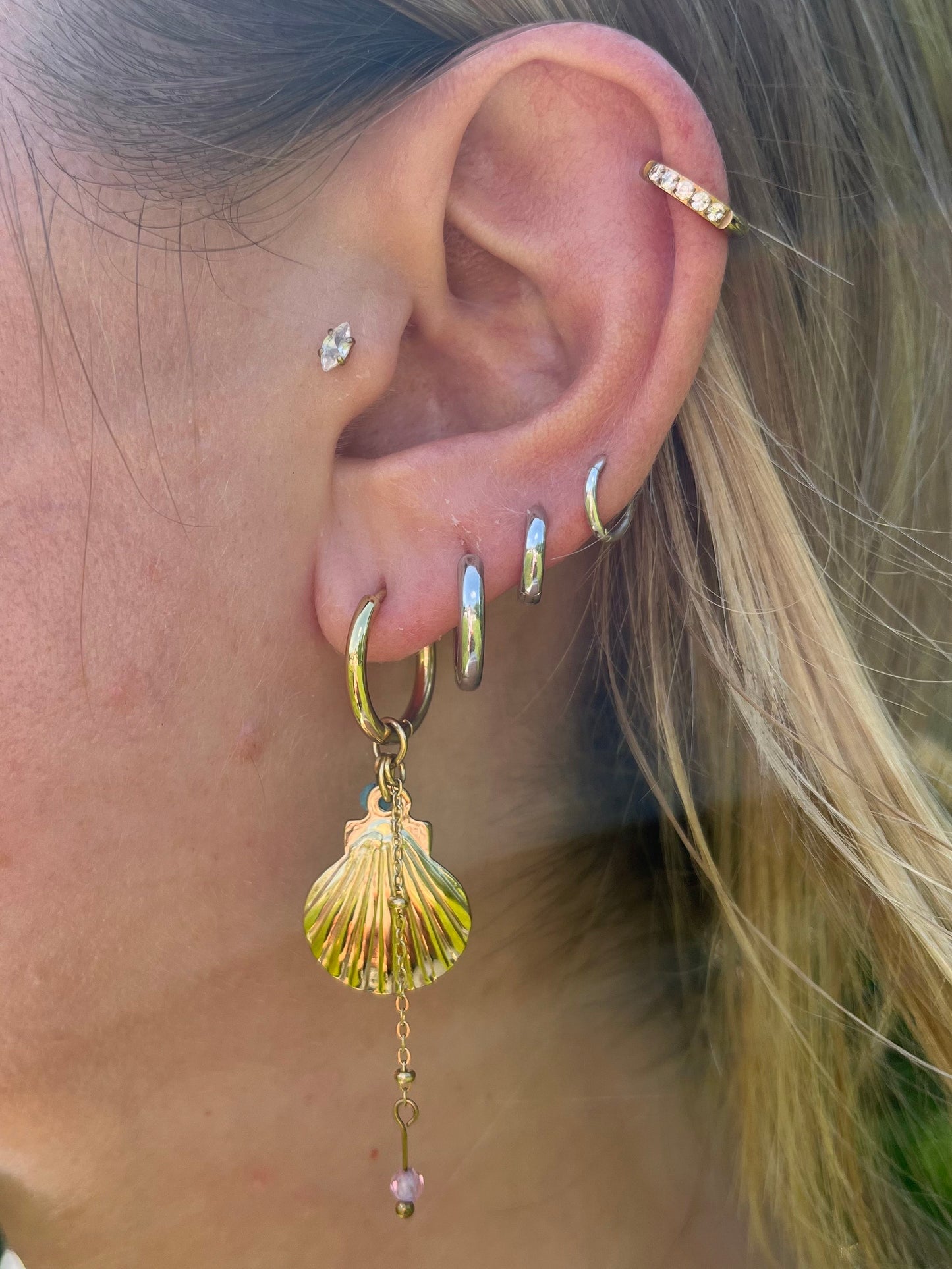 Shell and Beaded Charms Dangling Huggie Hoop Earrings - Pair - Gold Plated Stainless Steel