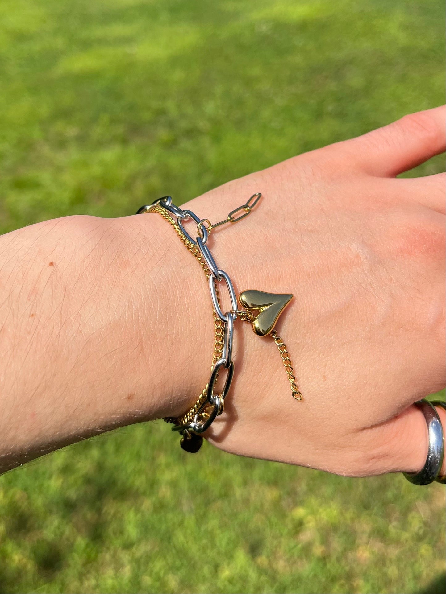 Chained Heart and Star Charm Bracelet - Stainless Steel