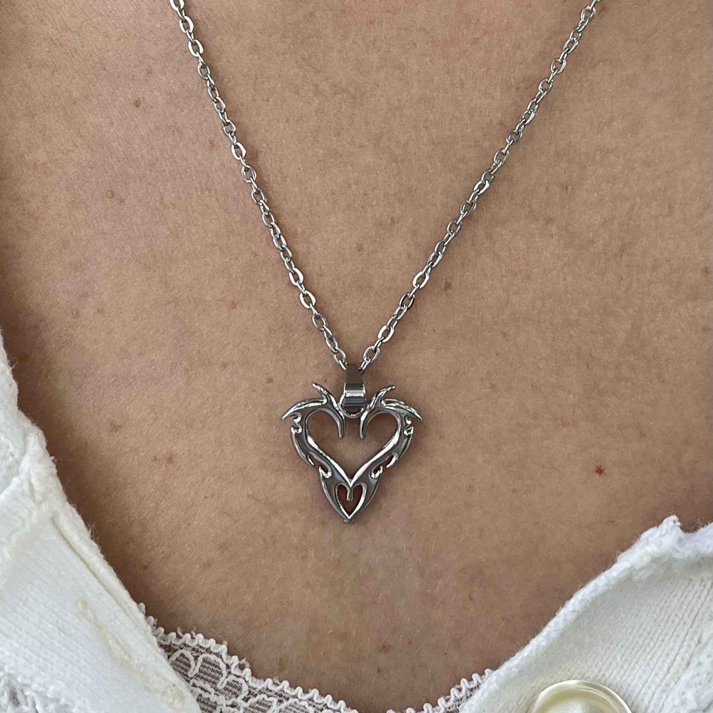 Tribal Heart Pendant Necklace - Stainless Steel