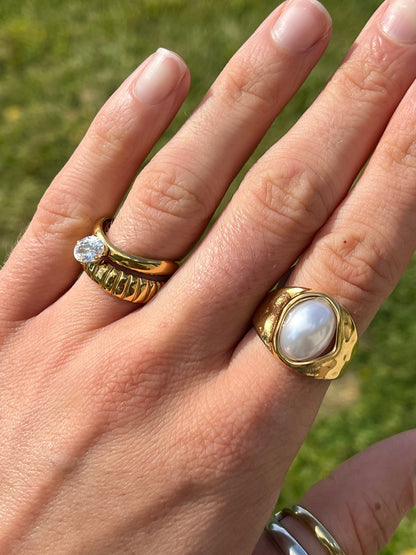 Sideways Oval Crystal Double Band Adjustable Ring - 18k Gold Plated Stainless Steel