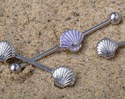 Glitter Seashell Industrial Barbell - 316L Stainless Steel