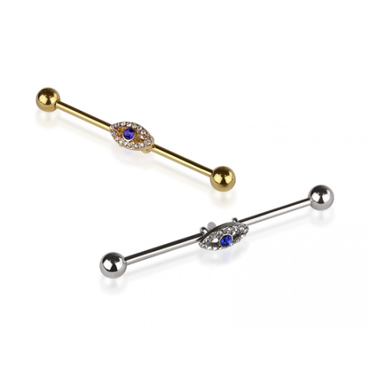 Blue CZ Crystal Evil Eye Industrial Barbell - 316L Stainless Steel