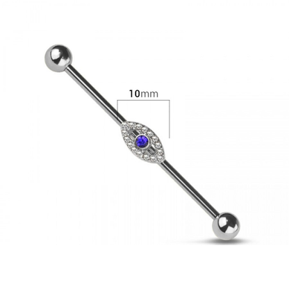 Blue CZ Crystal Evil Eye Industrial Barbell - 316L Stainless Steel