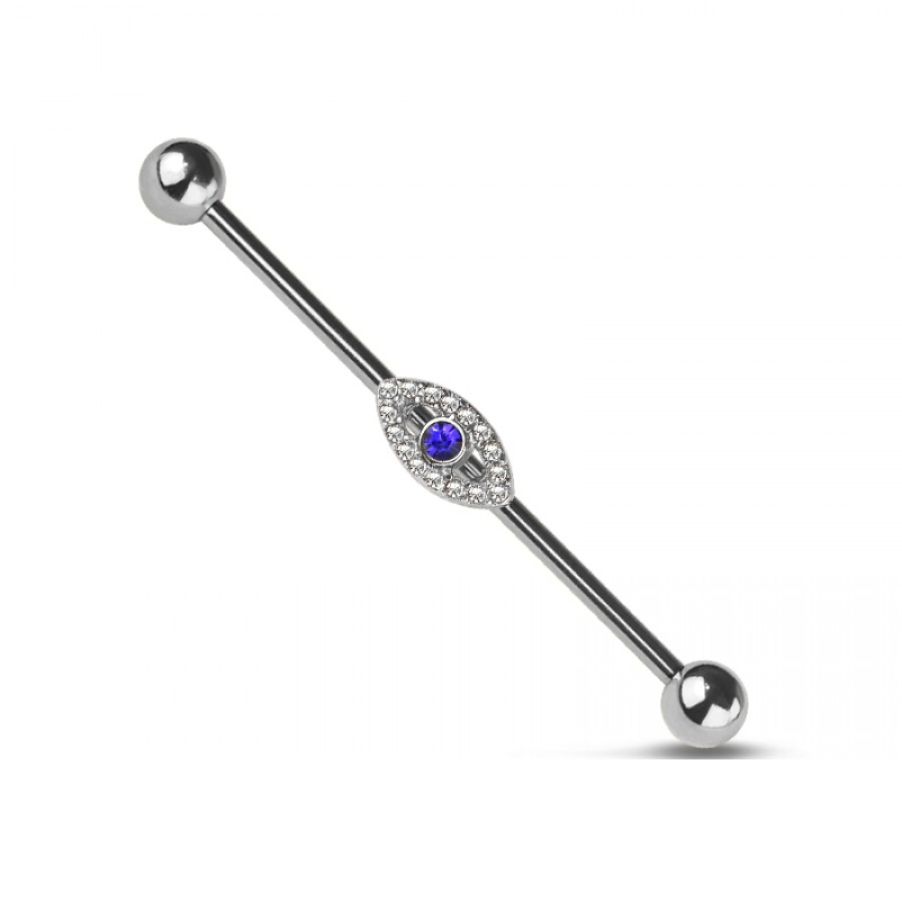 Blue CZ Crystal Evil Eye Industrial Barbell - 316L Stainless Steel