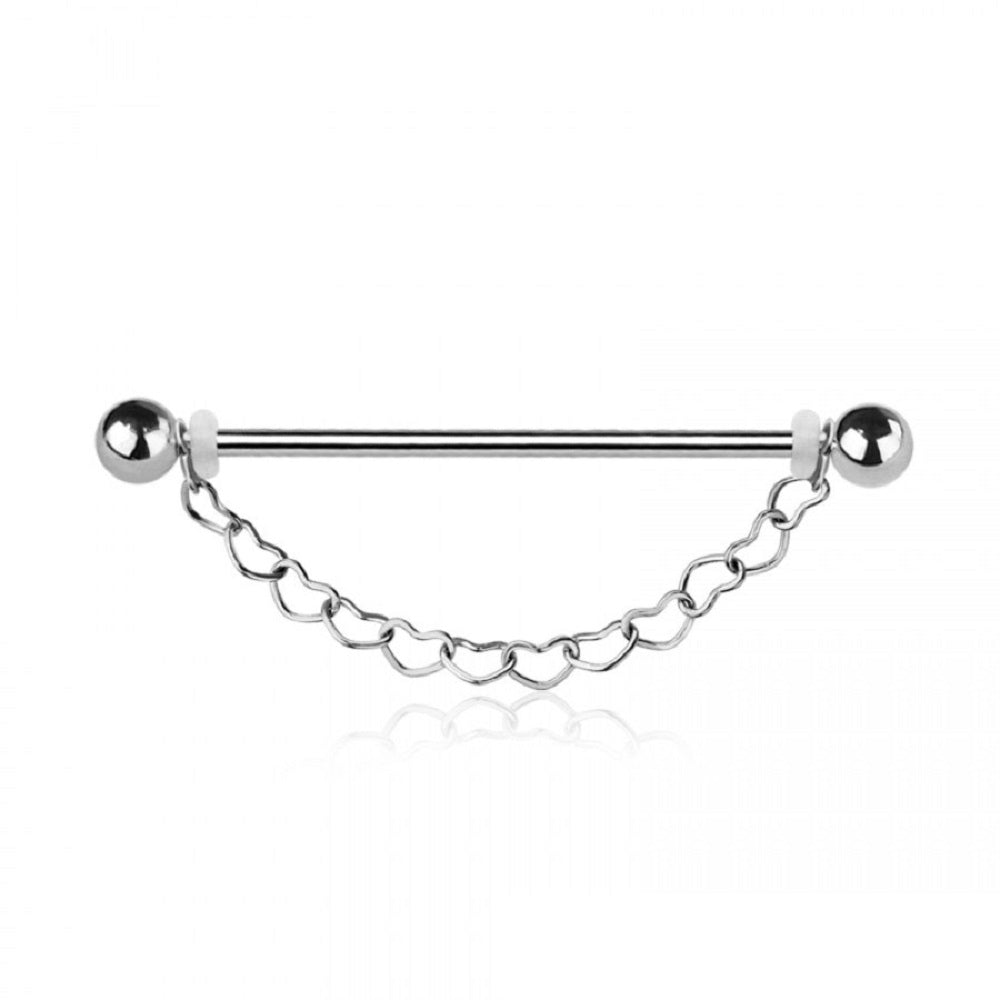 Industrial Barbell with Dangling Heart Chain - 316L Stainless Steel