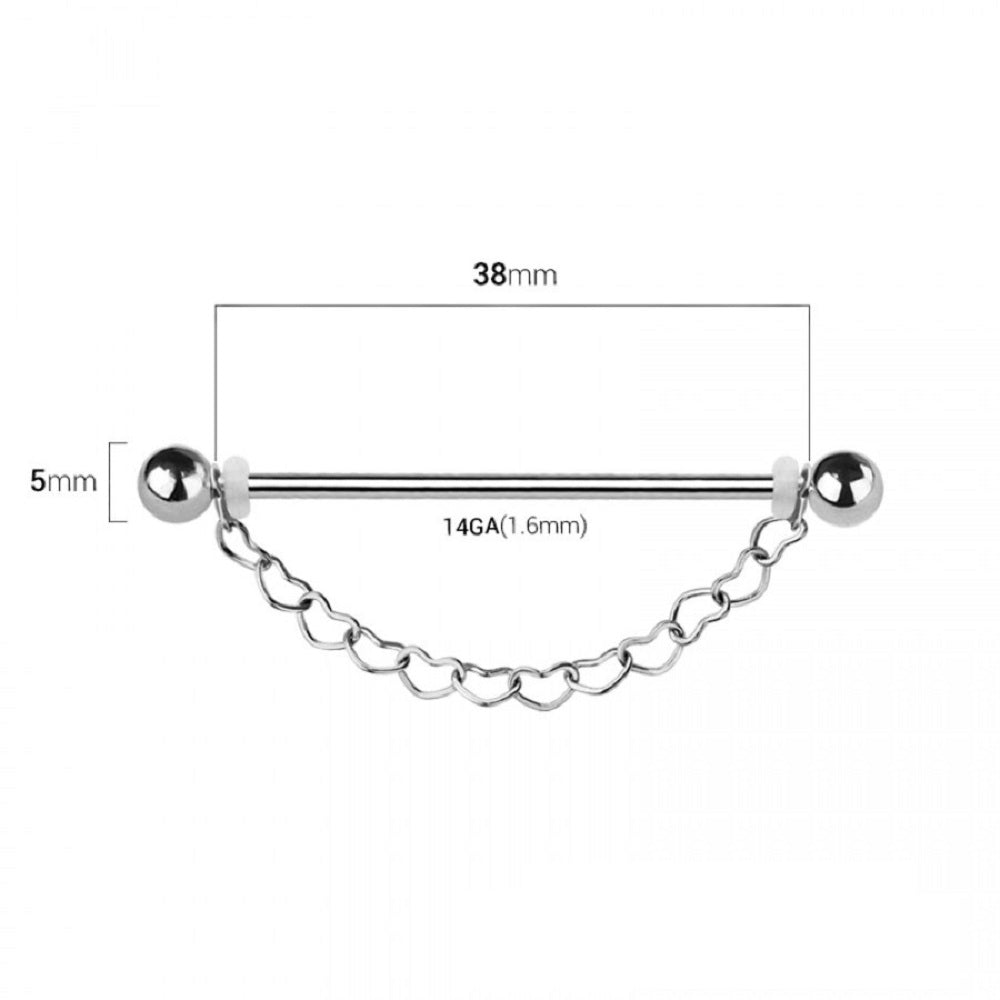 Industrial Barbell with Dangling Heart Chain - 316L Stainless Steel