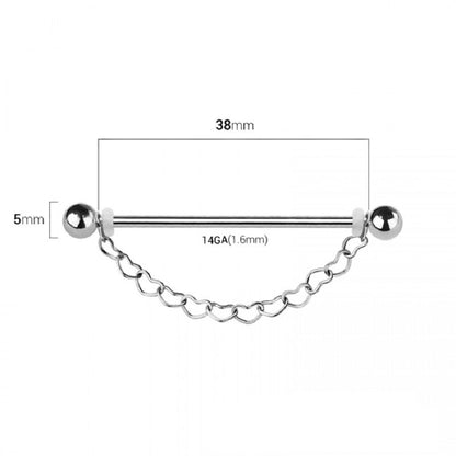 Industrial Barbell with Dangling Heart Chain - 316L Stainless Steel